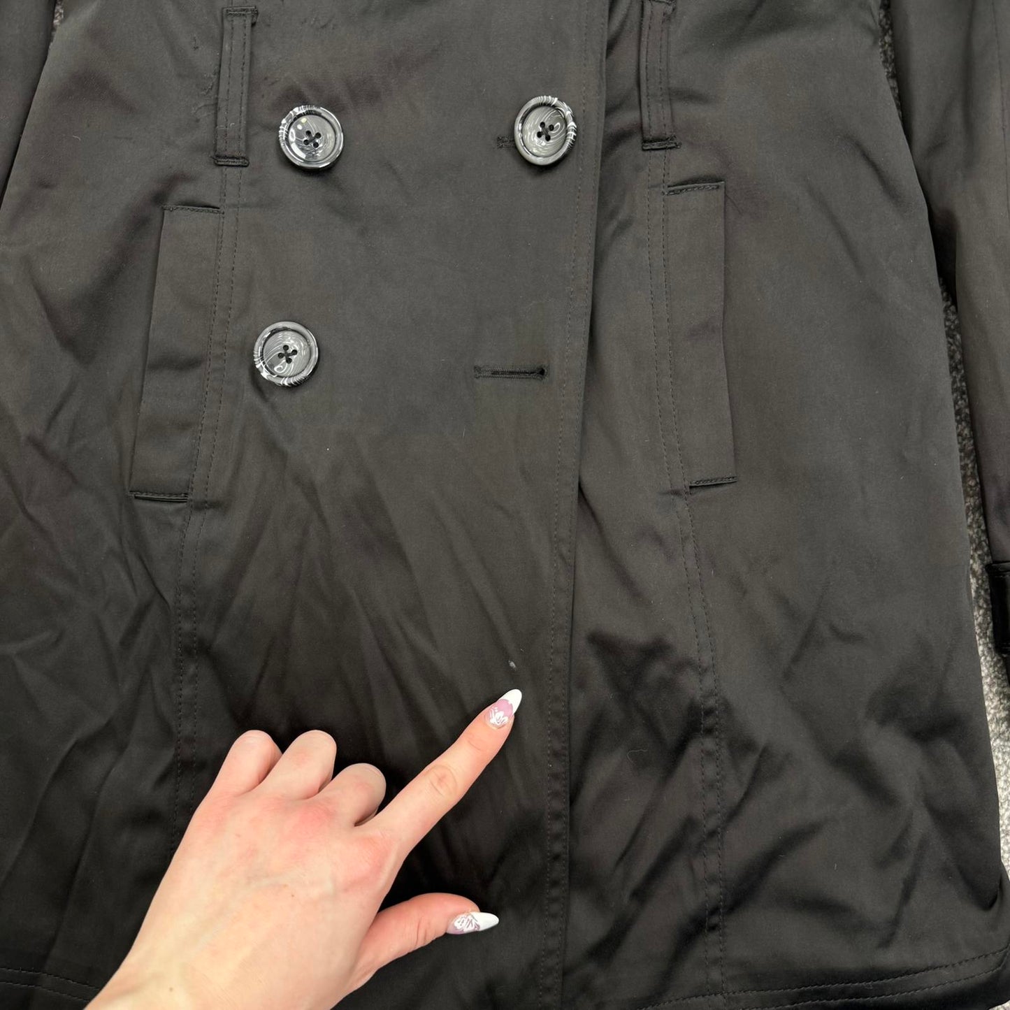Vintage Jane Norman trench jacket short black satin button up double breasted