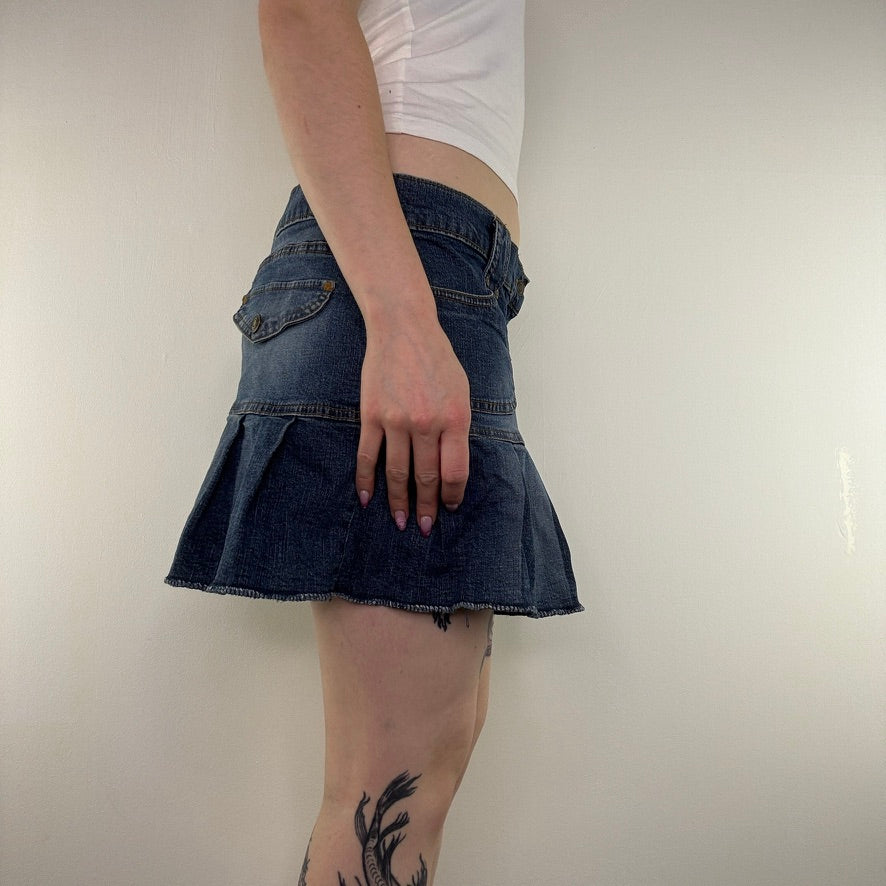 Y2K vintage low rise skirt mini denim half pleated faded stretchy cargo short