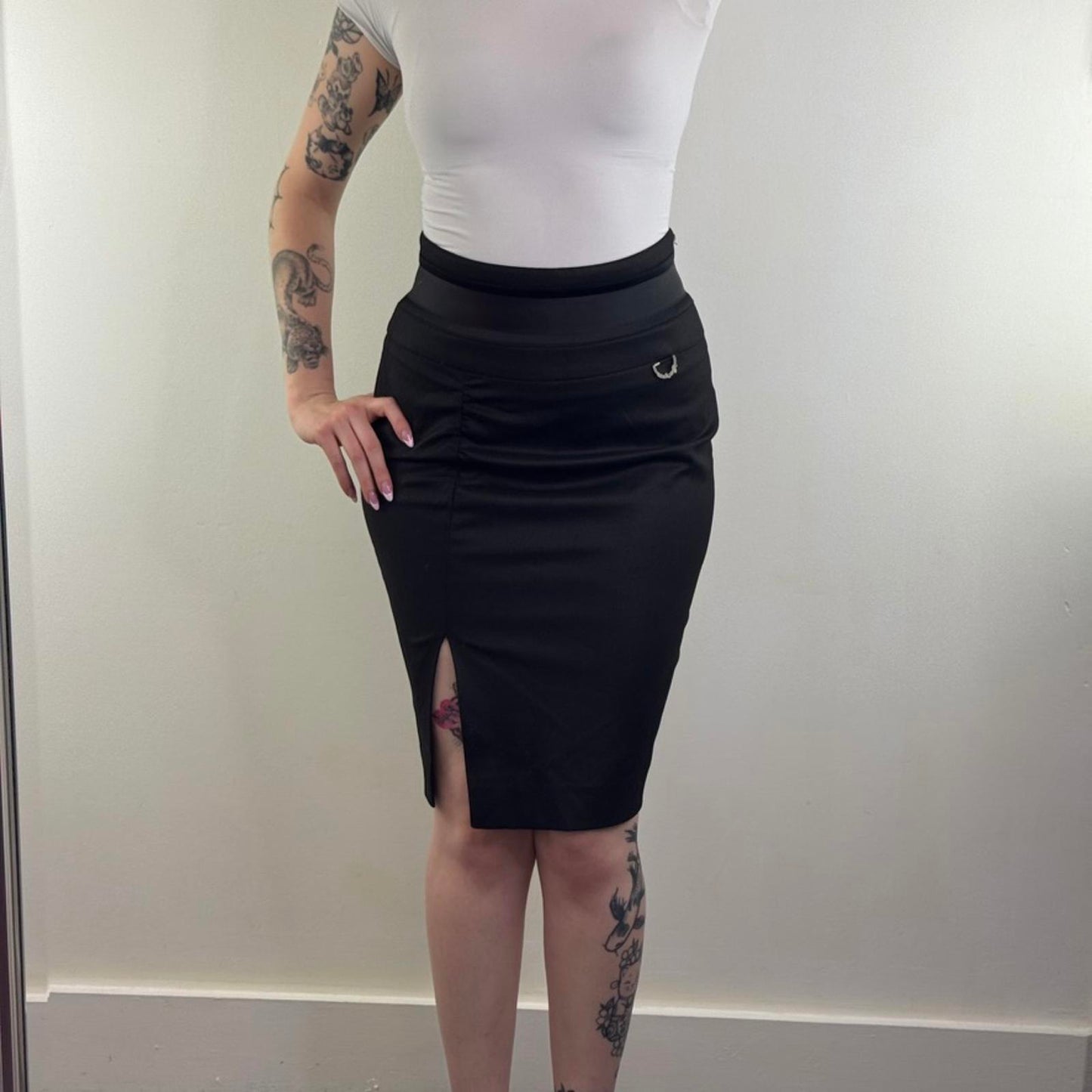 Y2K vintage River Island midi skirt office ruched fitted tailored thigh slit