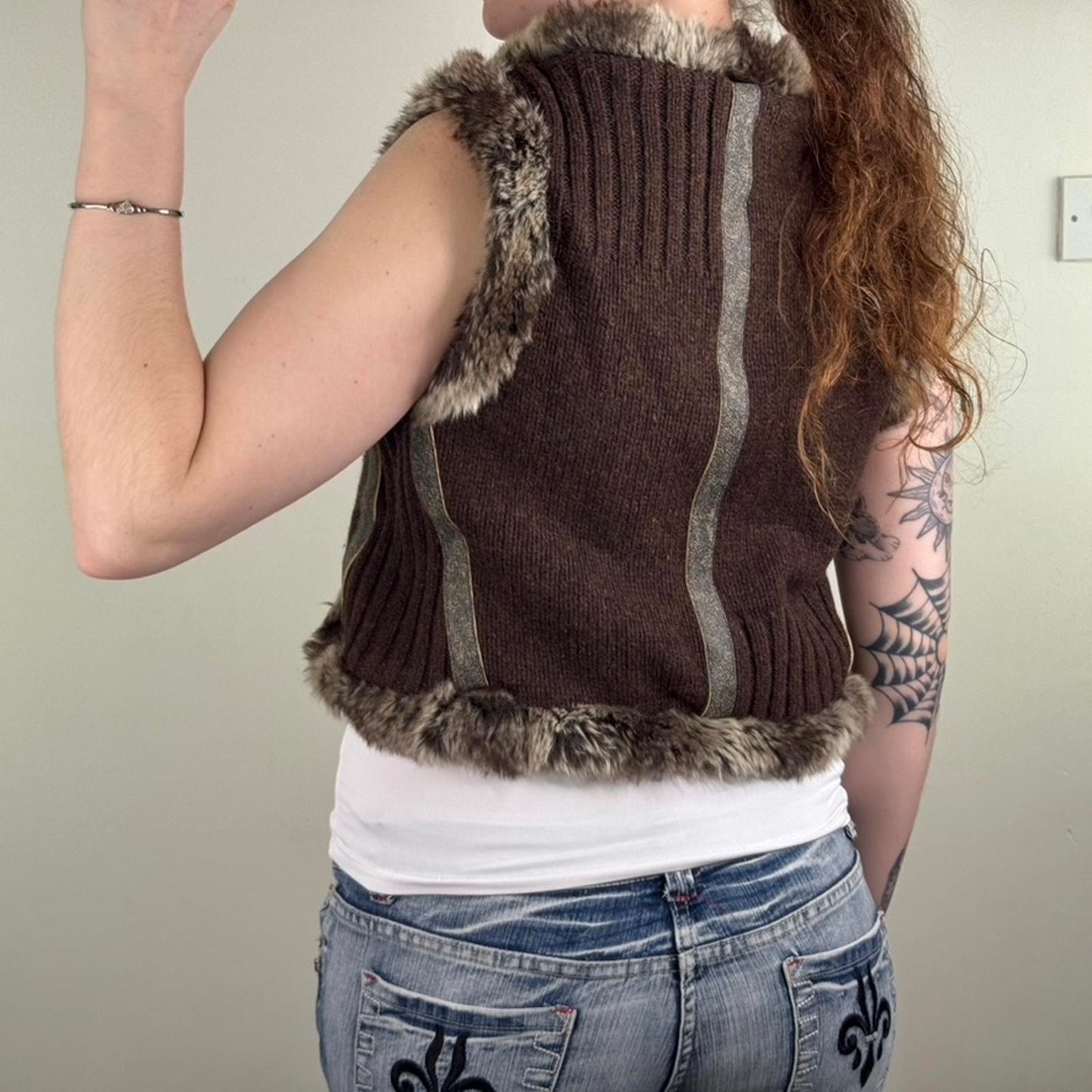 Y2K vintage wool blend gilet faux fur cropped knit open bow front sleeveless
