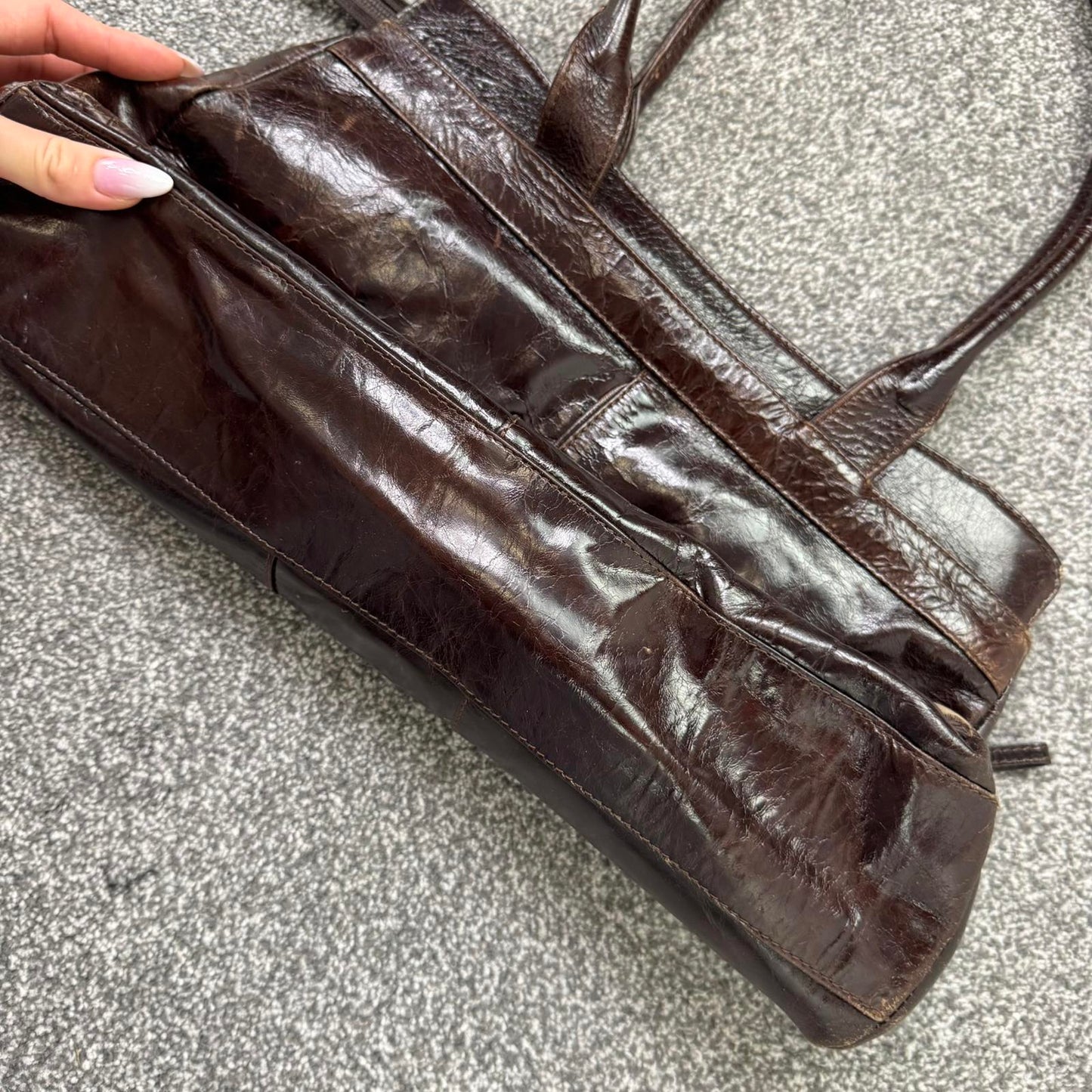 Y2K vintage genuine real leather patent shoulder bag zippers shiny medium size