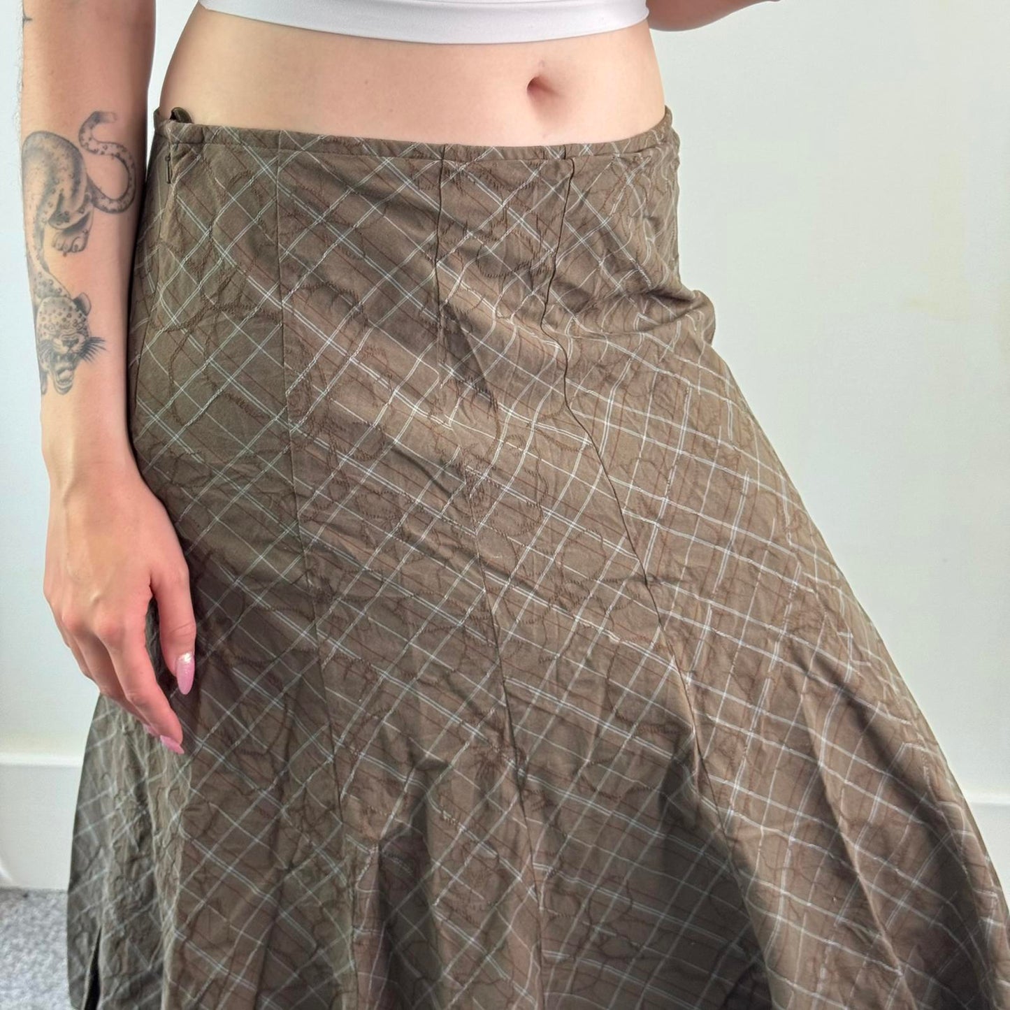 Y2K vintage tartan frill midi skirt ruffle a line khaki blue floral embroidery