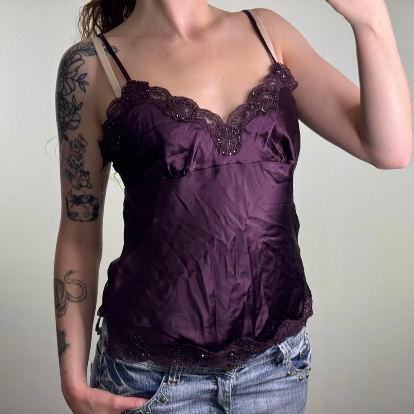 Y2K vintage 100% pure silk cami top beaded embellished lace trim strappy