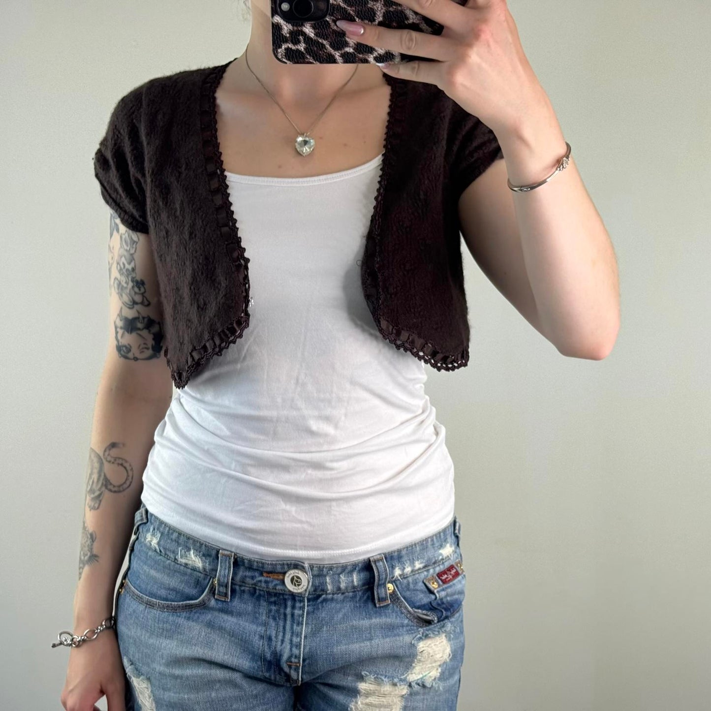 Y2K vintage Karen Millen cropped short sleeve cardigan button up rhinestone