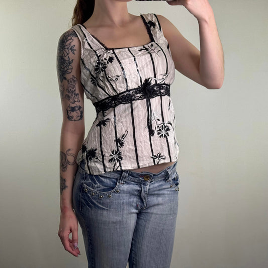 Y2K vintage square neck tank top lace trim sequin floral graphic print