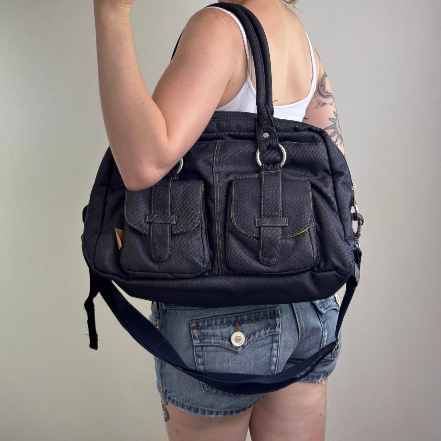 Large denim shoulder bag baby changing crossbody duffle nappy/ diaper bag