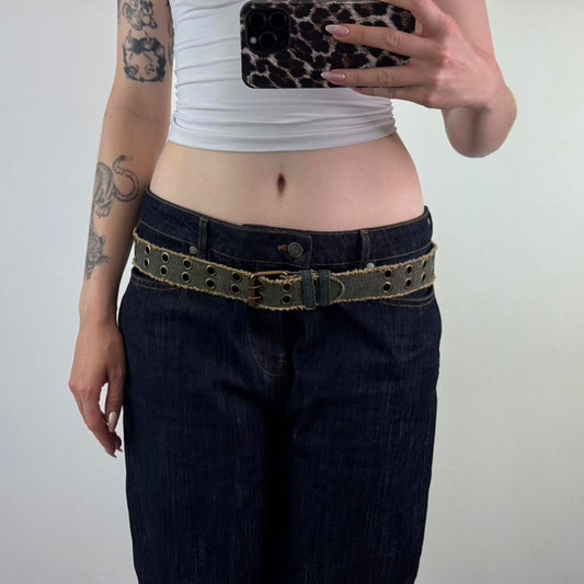 Y2K vintage denim grommet fraying hem belt faux leather lined