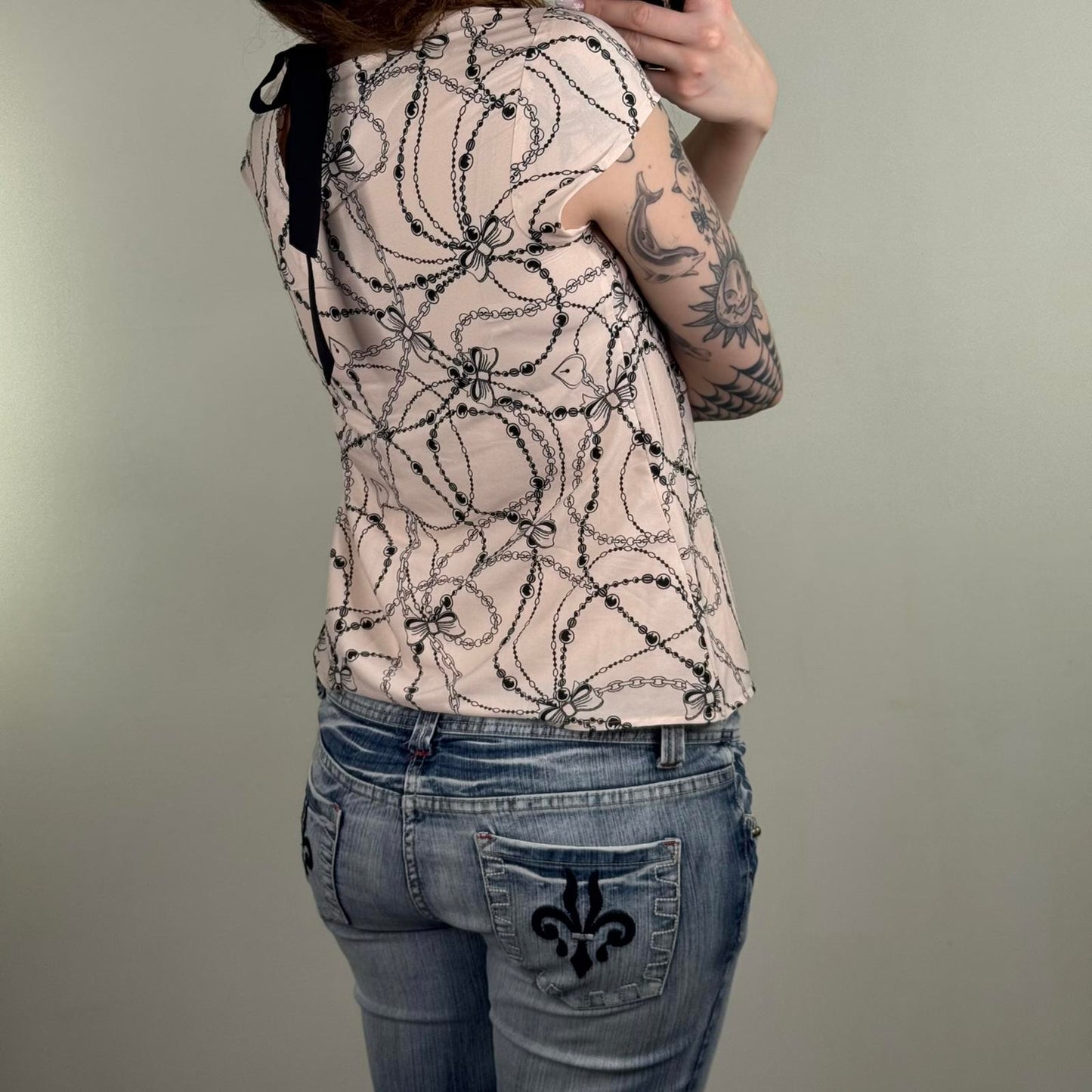 Y2K vintage short sleeve blouse heart locket bow bead pattern collared style