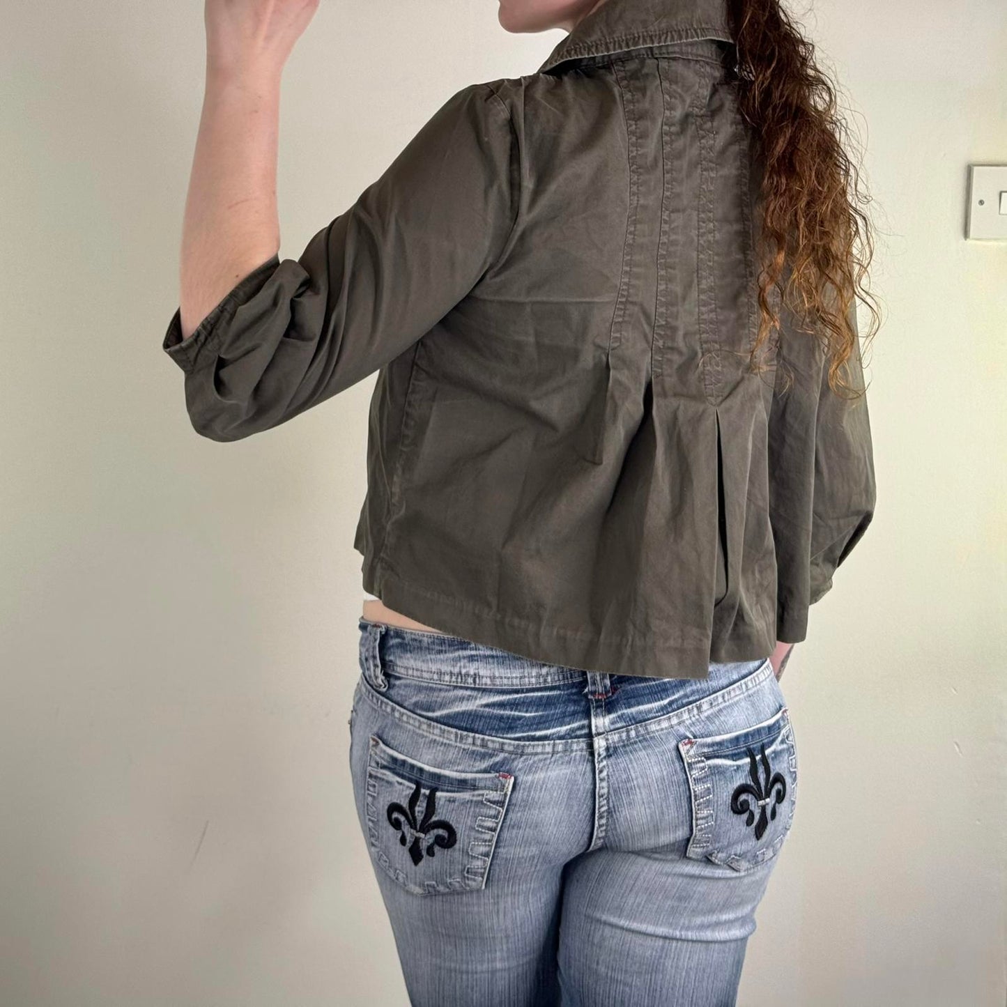 Y2K vintage military pea coat denim jacket ballon 3/4 sleeve pleated cropped