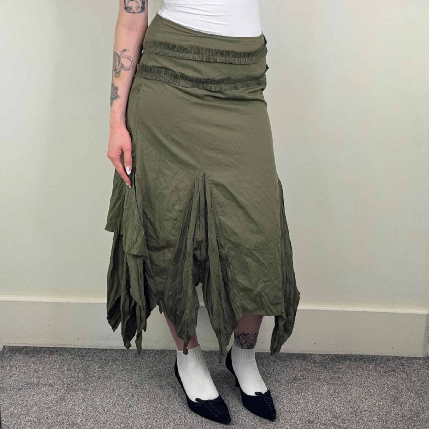 Y2K vintage maxi skirt asymmetrical ruffle khaki fairy whimsigoth layered