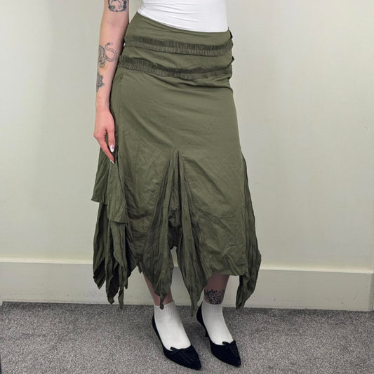 Y2K vintage maxi skirt asymmetrical ruffle khaki fairy whimsigoth layered