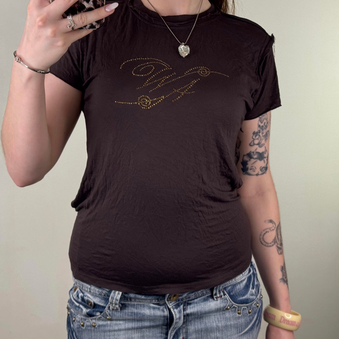 Y2K vintage open back top short sleeve bow rhinestone stretchy overlock stitch