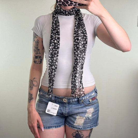 Y2K vintage sheer skull print skinny scarf black white