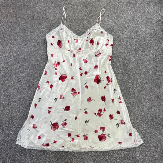 Y2K vintage satin floral rose nightie nightdress mini v neck lace trim chemise