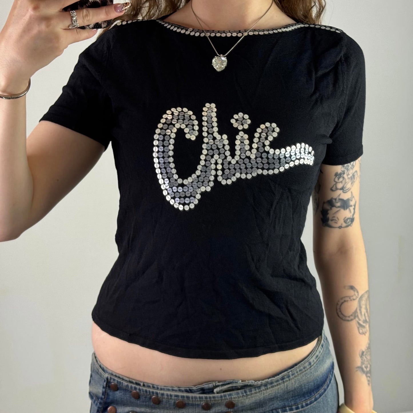 Y2K vintage fine knit chic sequin short sleeve t shirt slight crop baby tee fit