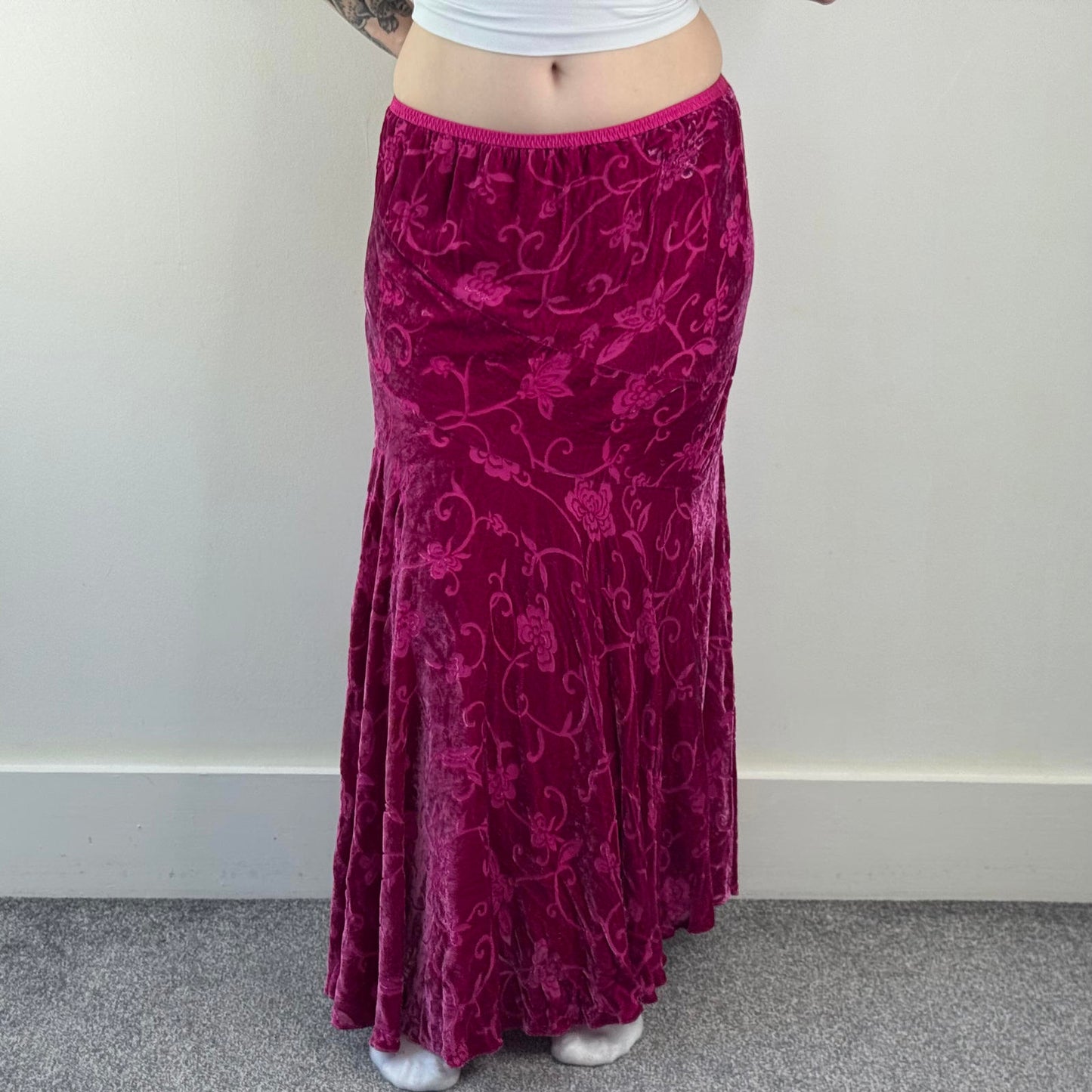 Y2K vintage part silk velour maxi skirt floral a line hot pink stretchy lined