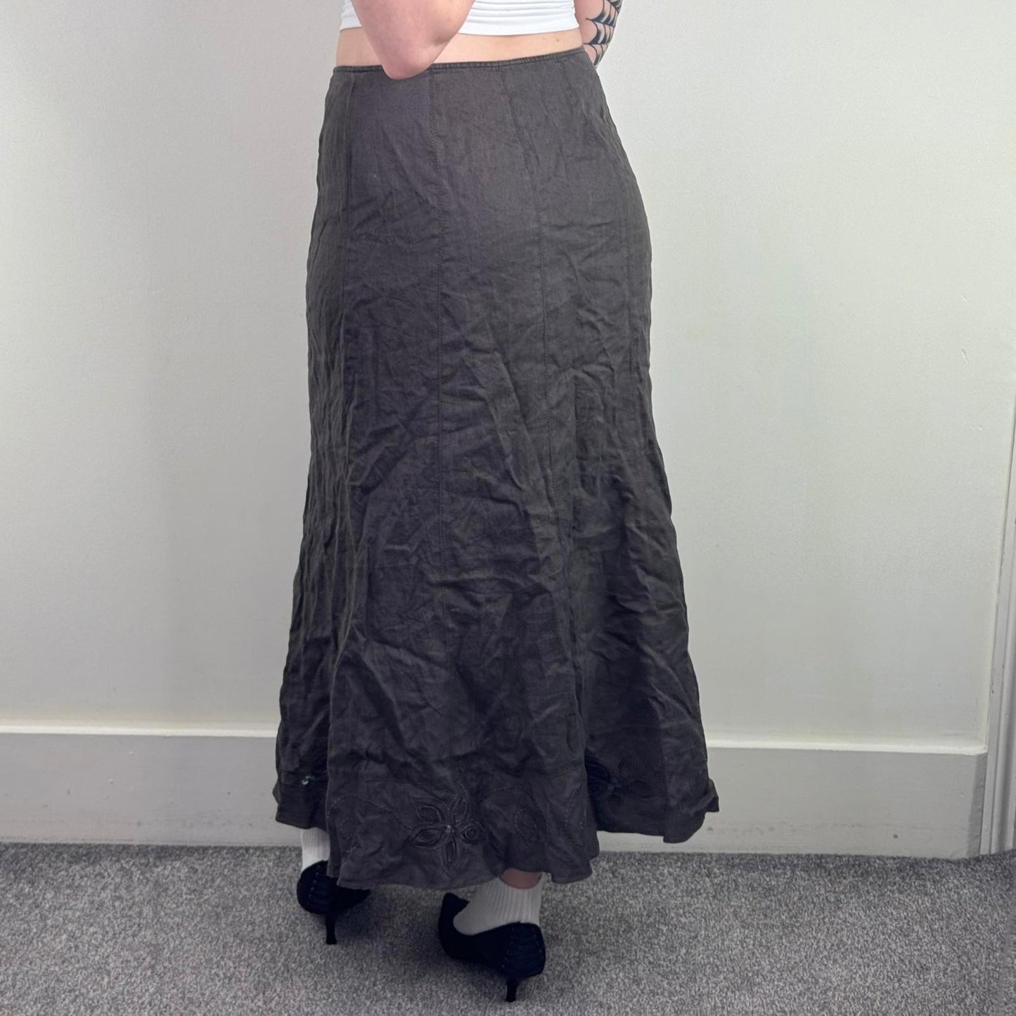 Y2K vintage Per Una 100% pure linen maxi skirt floral embroidered sequin a line