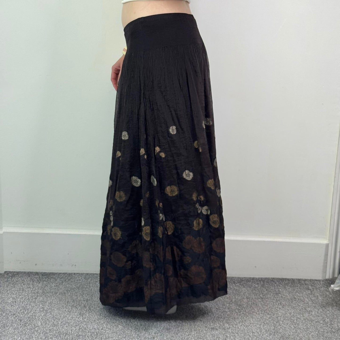 Y2K vintage stretchy maxi skirt floral sheer double overlay brown a line