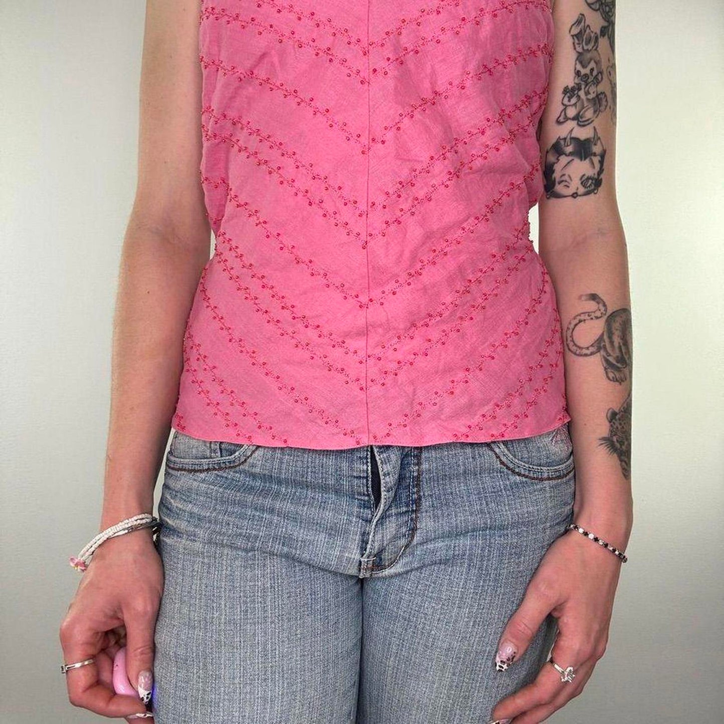 Y2K vintage 100% linen cami top adjustable bow beaded embroidered stripes v neck