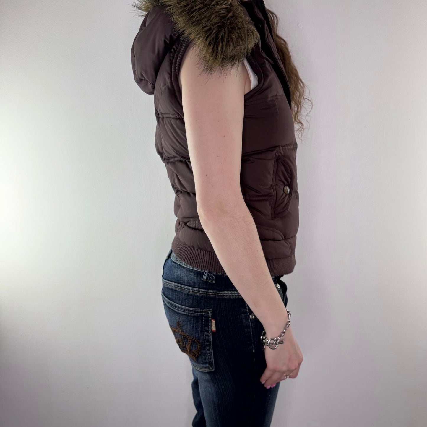 Y2K vintage padded faux fur trim gilet body warmer zip up feather down mcbling