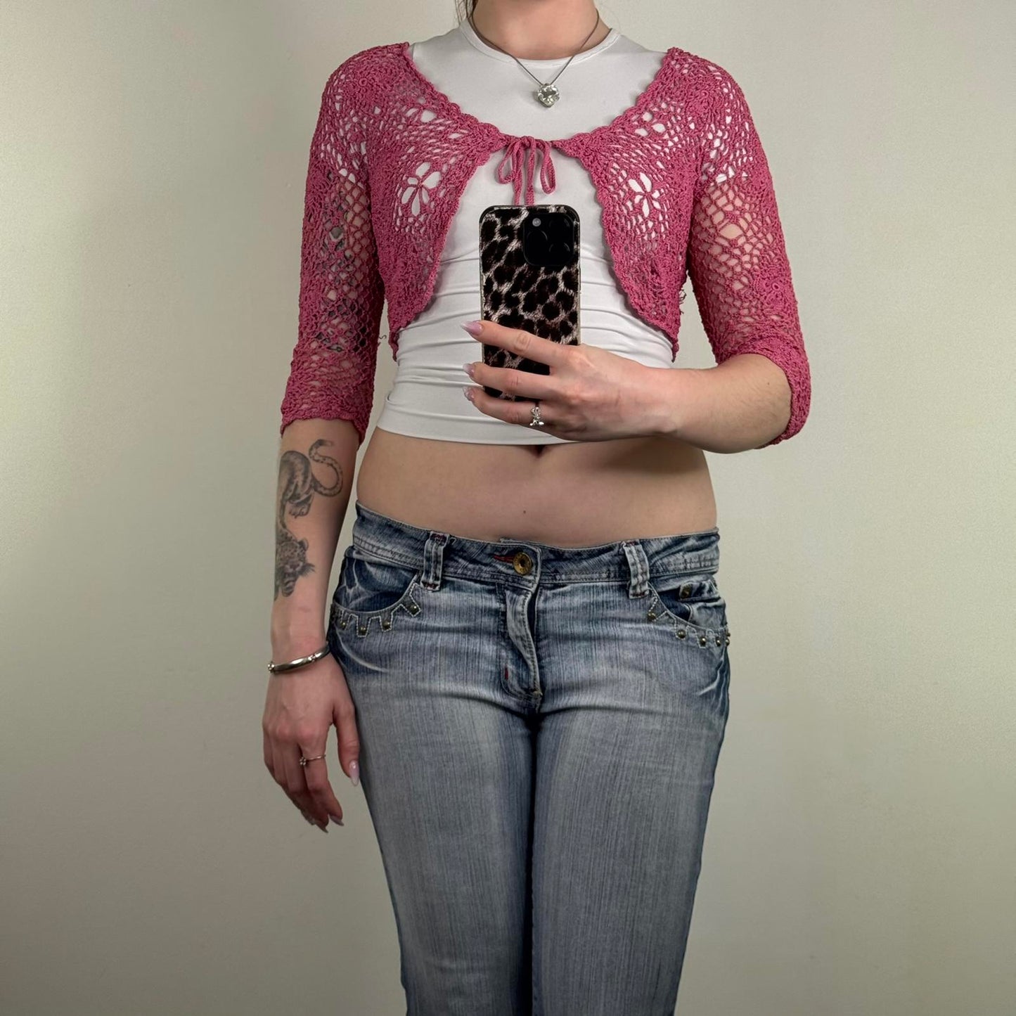 Y2K vintage Principles crochet cropped cardigan floral knit bow sheer 3/4 sleeve