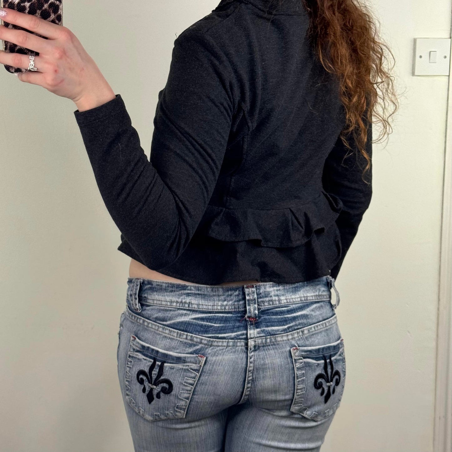 Y2K vintage zip up jumper grommet ruffle frill marl dark grey archive cropped