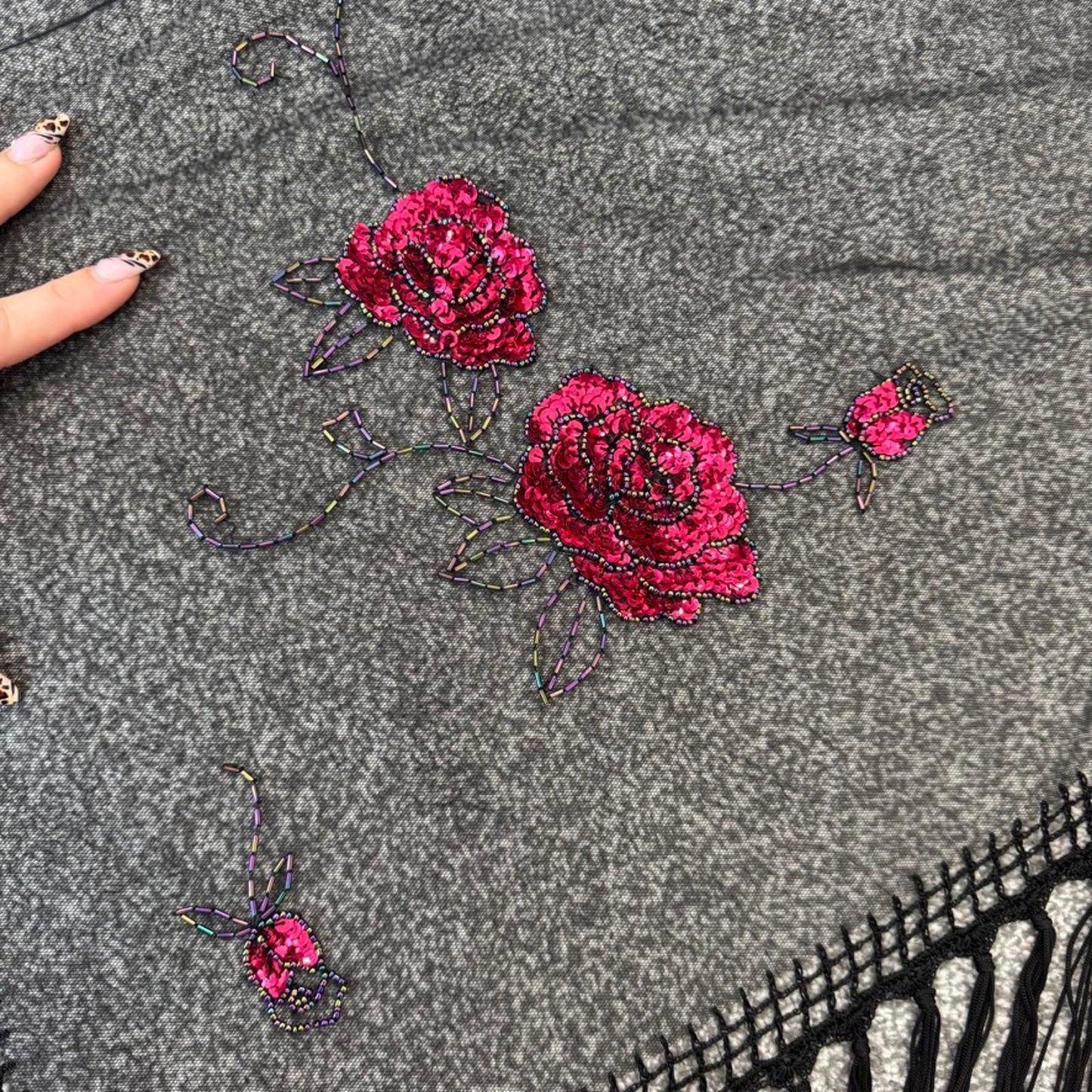 Y2K vintage mesh floral sheer sequin tassel sarong cover up shawl embellished