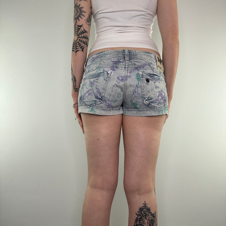 Y2K low rise paint splattered rhinestone mini denim shorts