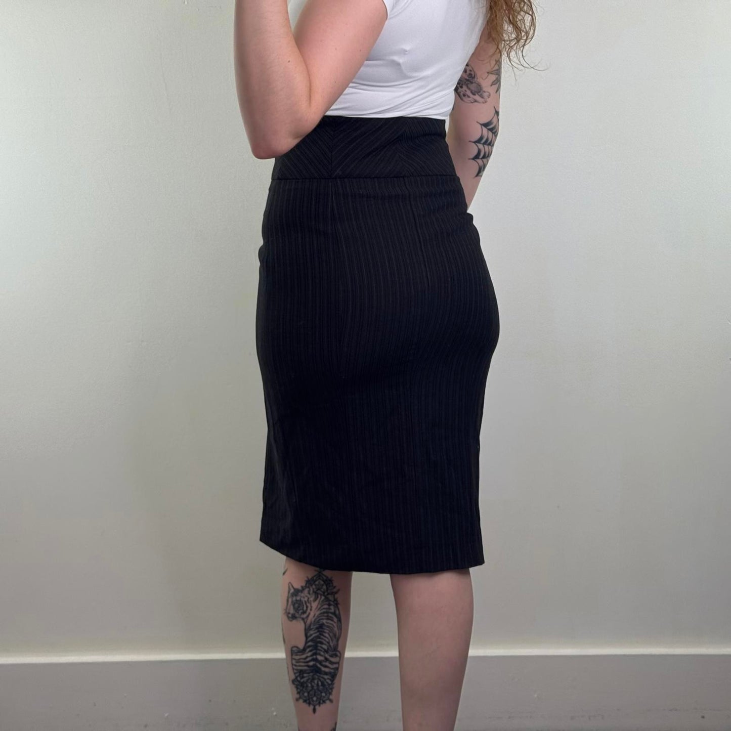 Y2K vintage Karen Millen wool cashmere pinstripe midi skirt buttons tailored