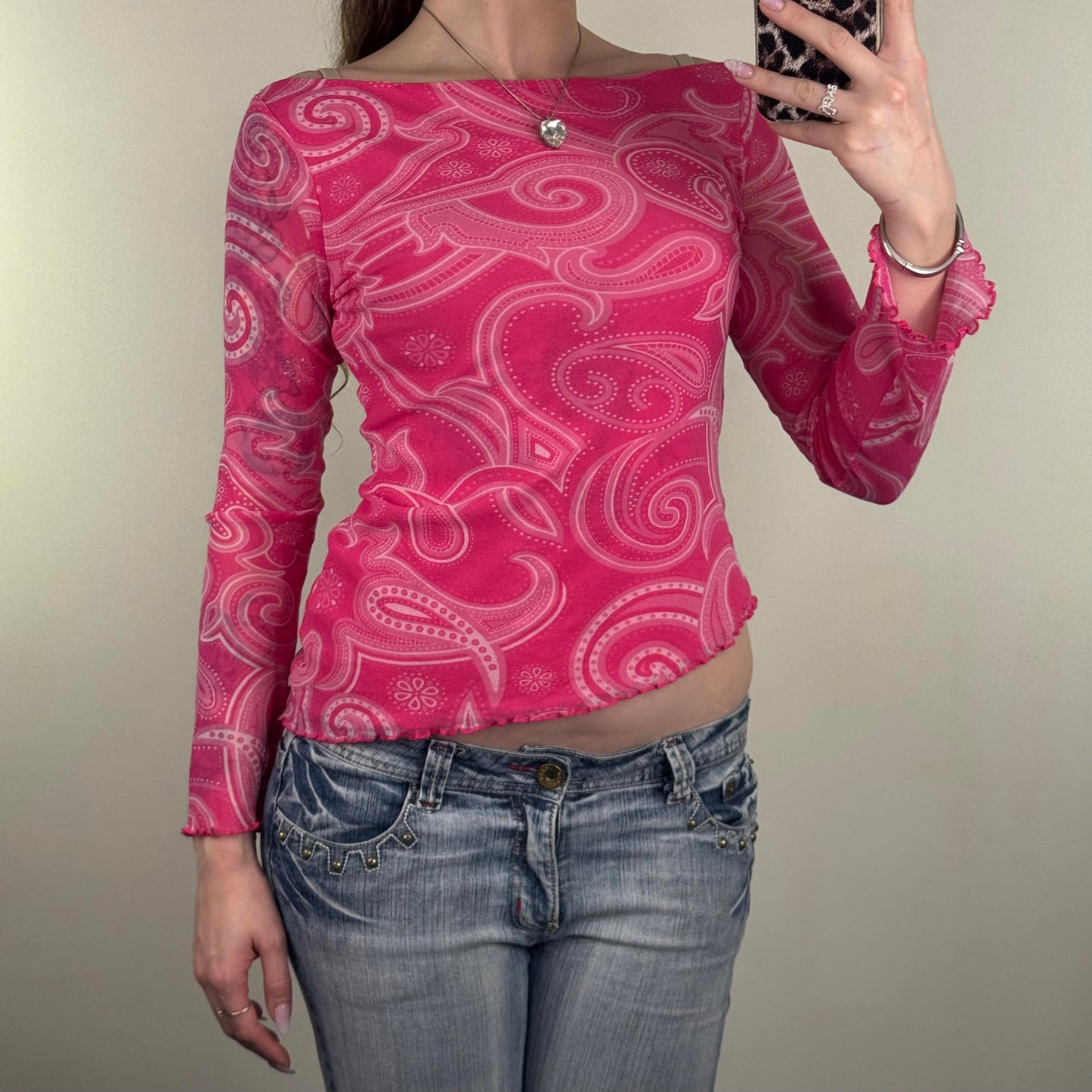 Y2K vintage long sleeve mesh top paisley print boat neck double mesh pink