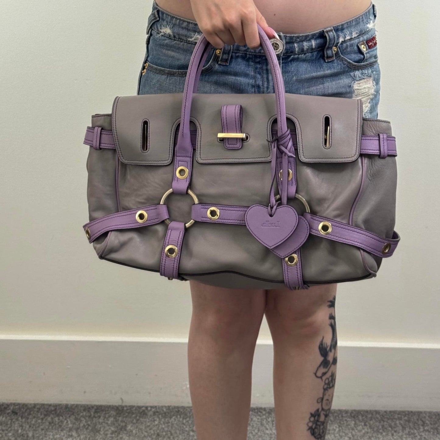 Luella Gisele large handbag grey purple genuine leather two tone grommet hearts