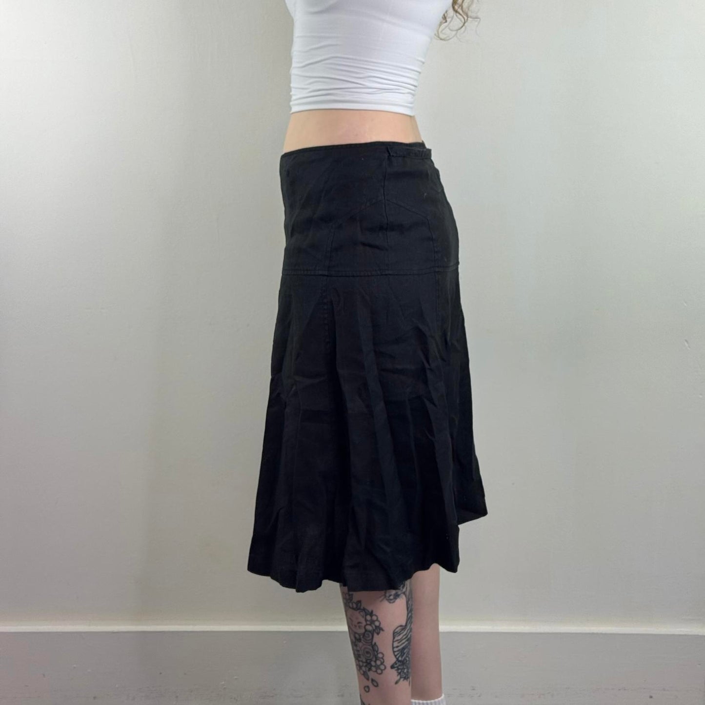 Y2K vintage 100% linen midi skirt wrap around knee length a line fit bow belt