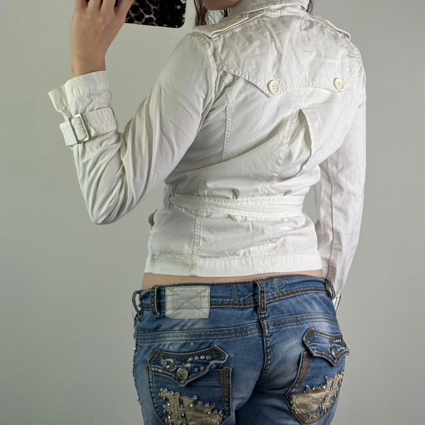 Y2K vintage lightweight button up jacket with belt short trench fitted high neck