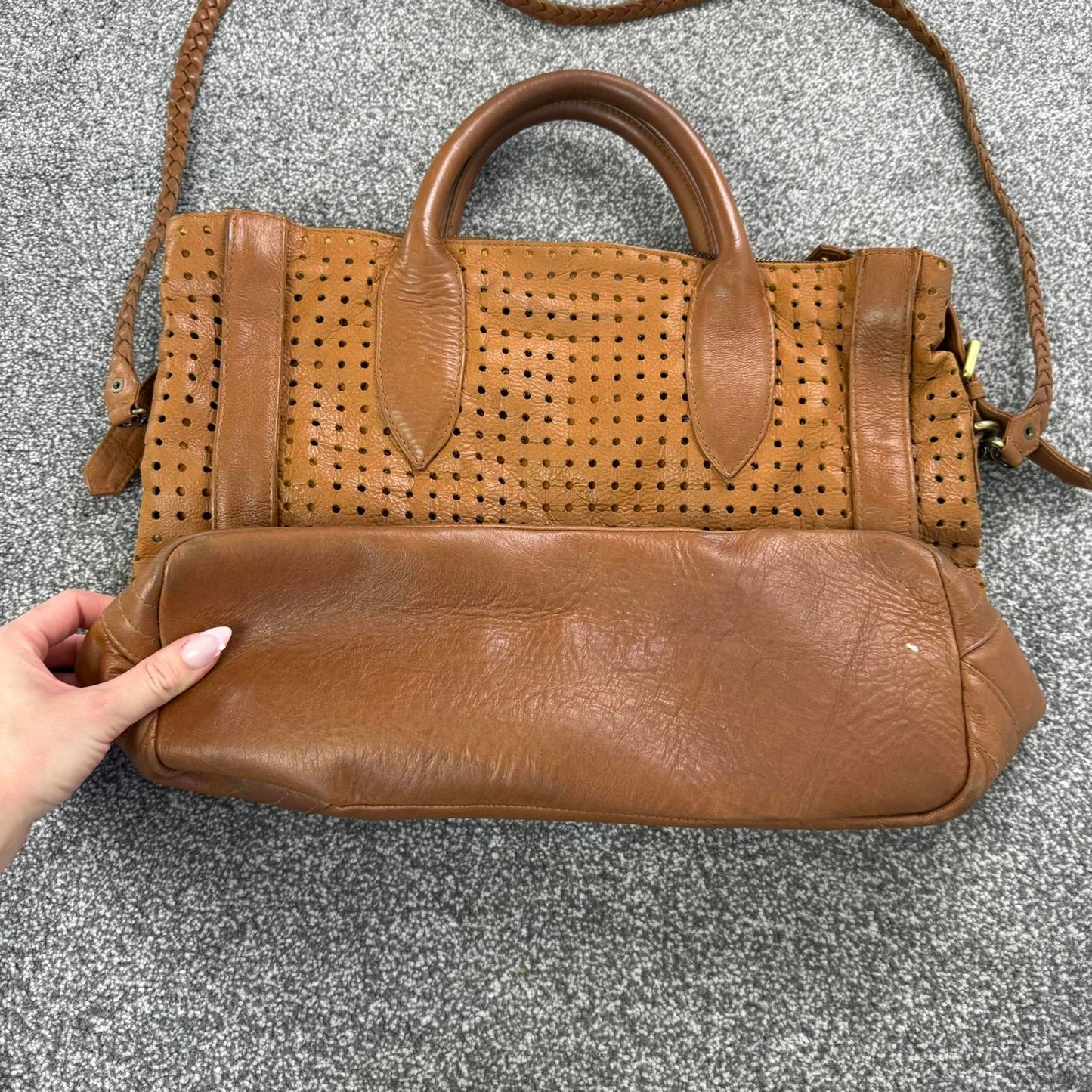 Oversized genuine perforated leather handbag braided strap large buckles boho