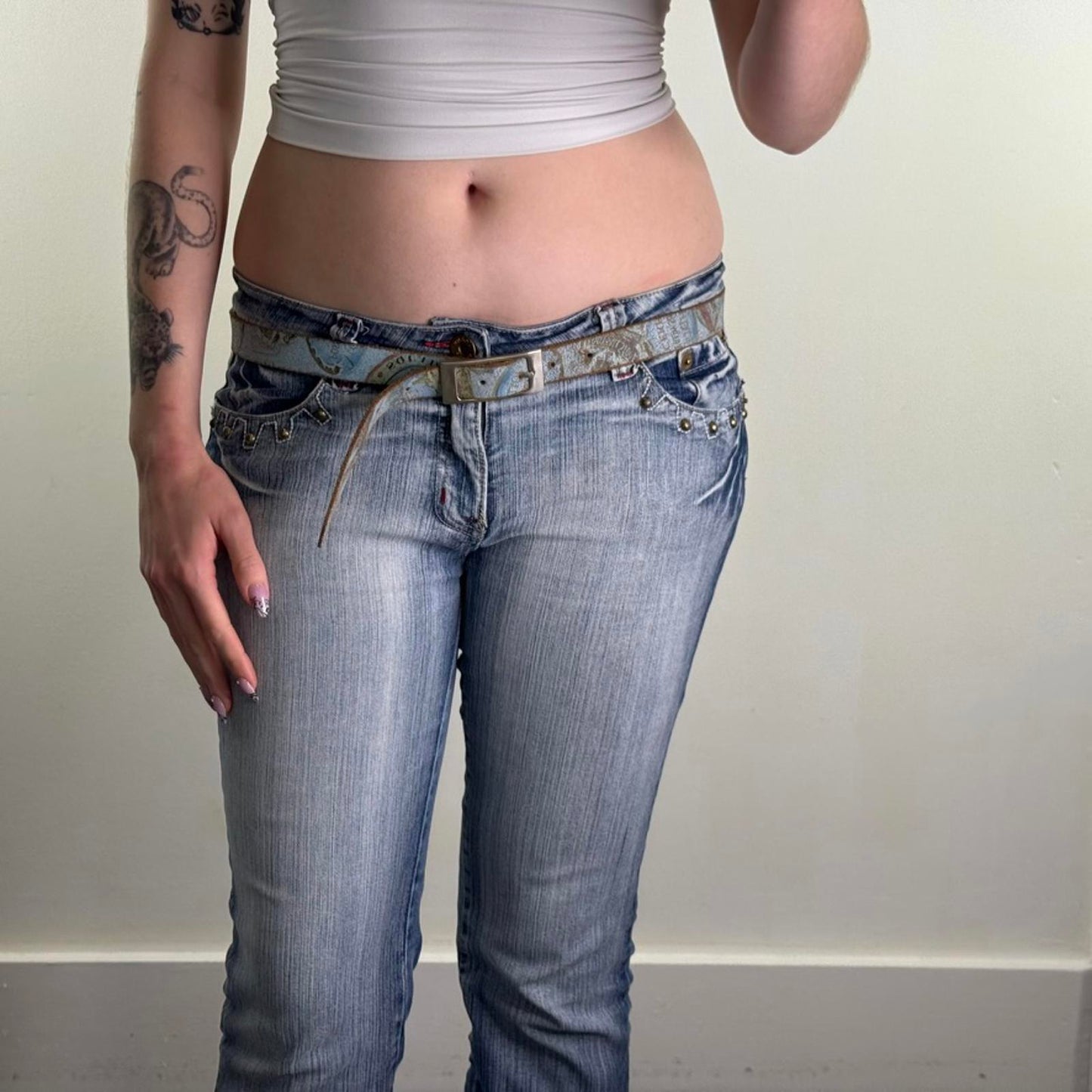 Y2K vintage skinny genuine leather belt graphic print rectangle buckle baby blue