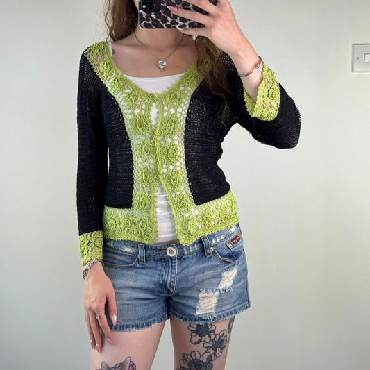 Y2K vintage crochet button up cardigan black green v neck floral pattern sheer