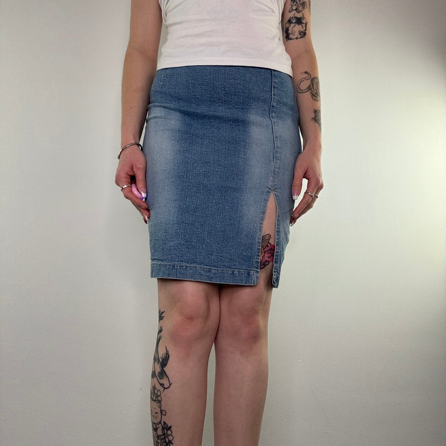 Y2K Miss Sixty light denim thigh split midi skirt