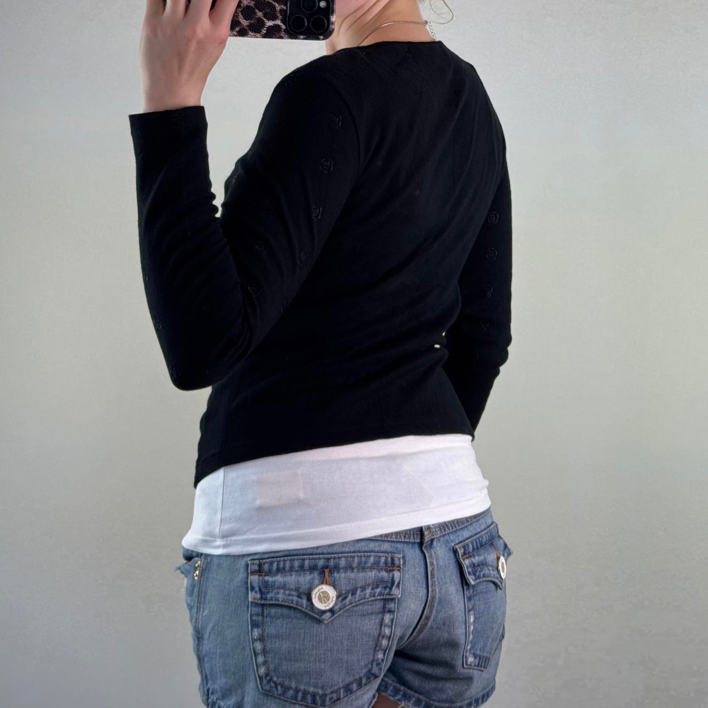 Y2K vintage button up rose embroidery cardigan v neck long sleeve floral black