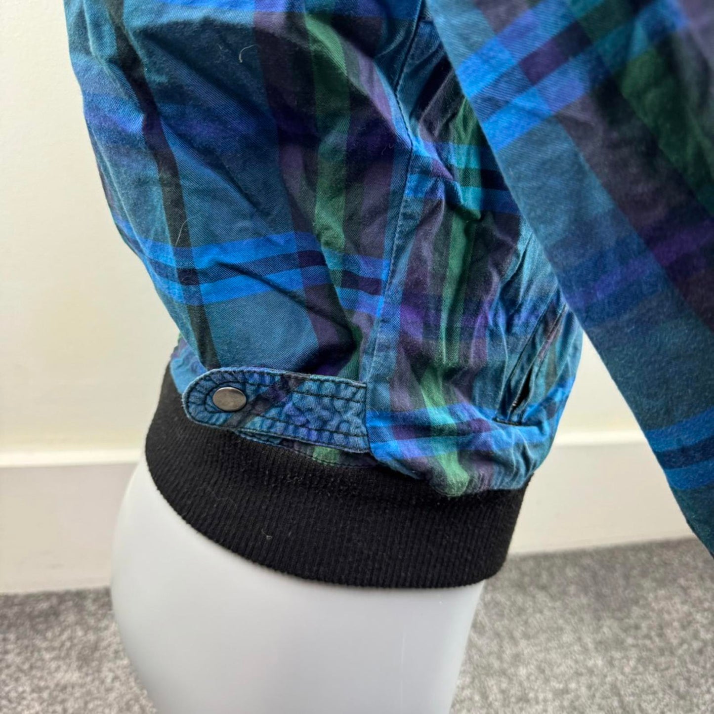 Y2K vintage tartan check zip up bomber jacket lightweight with hood plaid blue