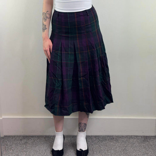 Y2K vintage tartan 100% pure wool maxi skirt a line pleated check green purple