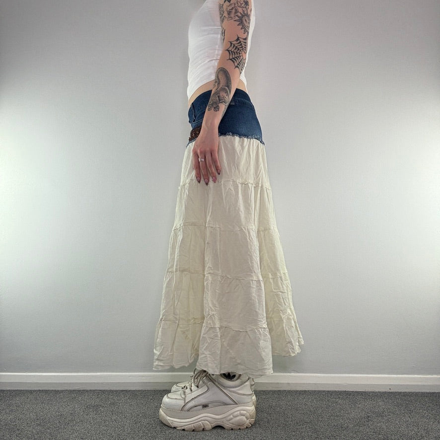 Y2K vintage low rise denim boho tiered maxi skirt