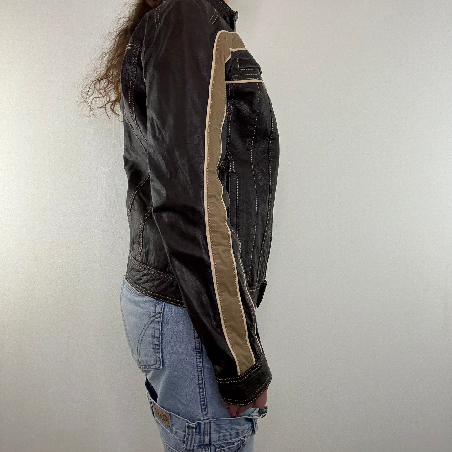 Y2K vintage leather two tone zip up jacket racing biker motorcycle style