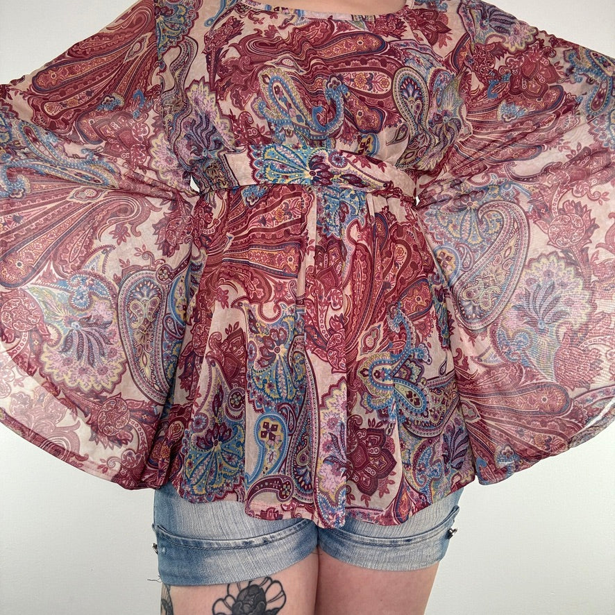 Y2K mesh paisley boho bow floaty top