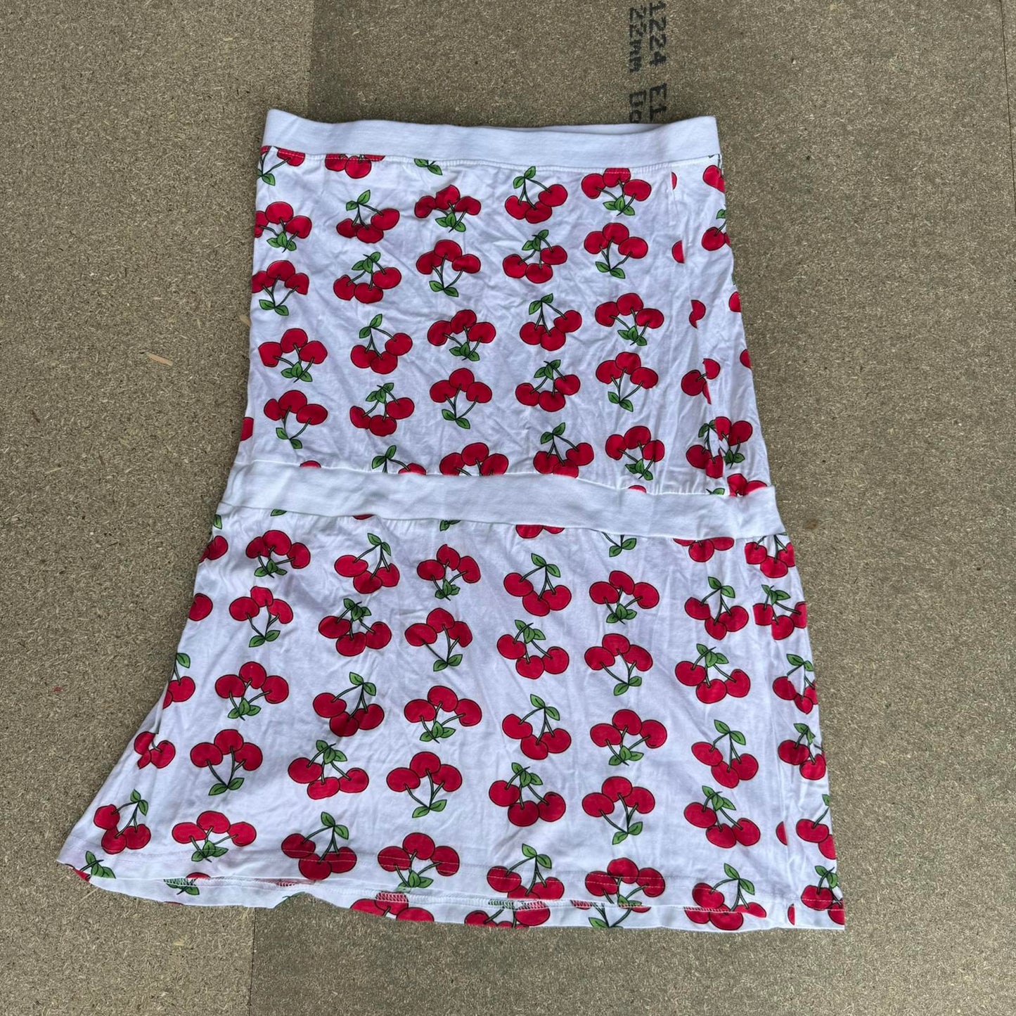 Y2K vintage cherry strapless mini dress stretchy jersey bow cherries print