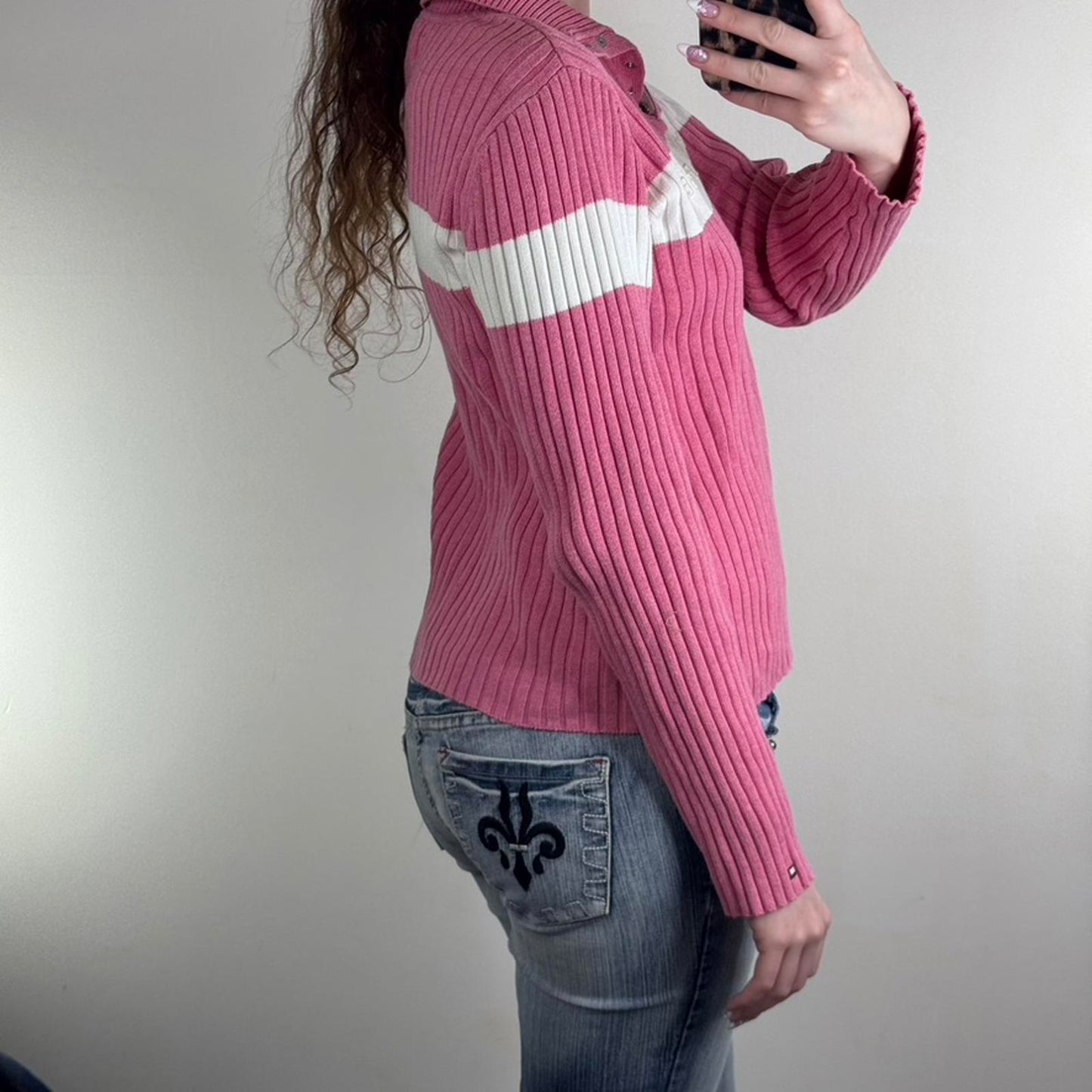 90s Y2K vintage Tommy Hilfiger jumper henley ribbed high neck pink white knit