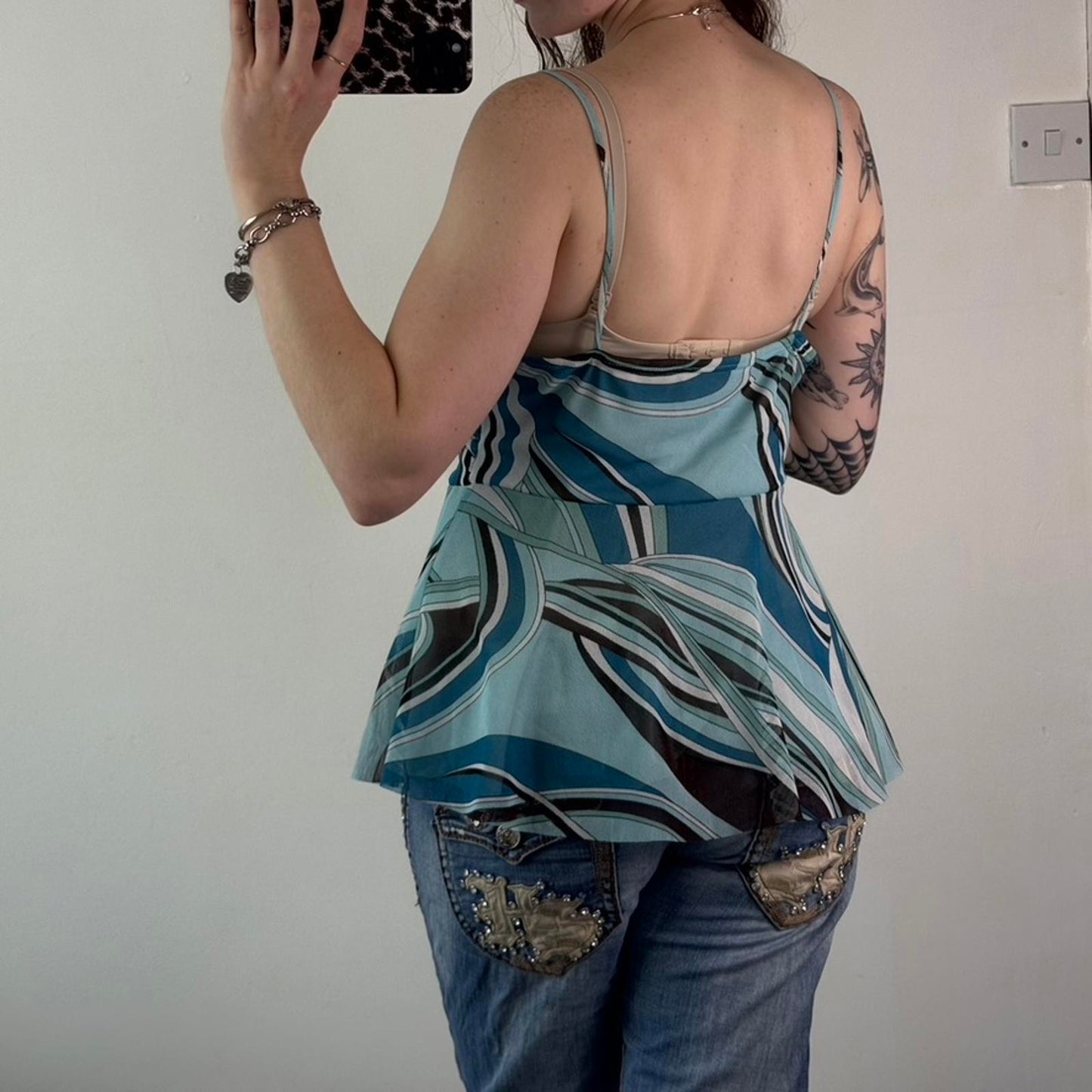 Y2K vintage mesh swirly cami top asymmetrical pattern v neck floaty flowy summer