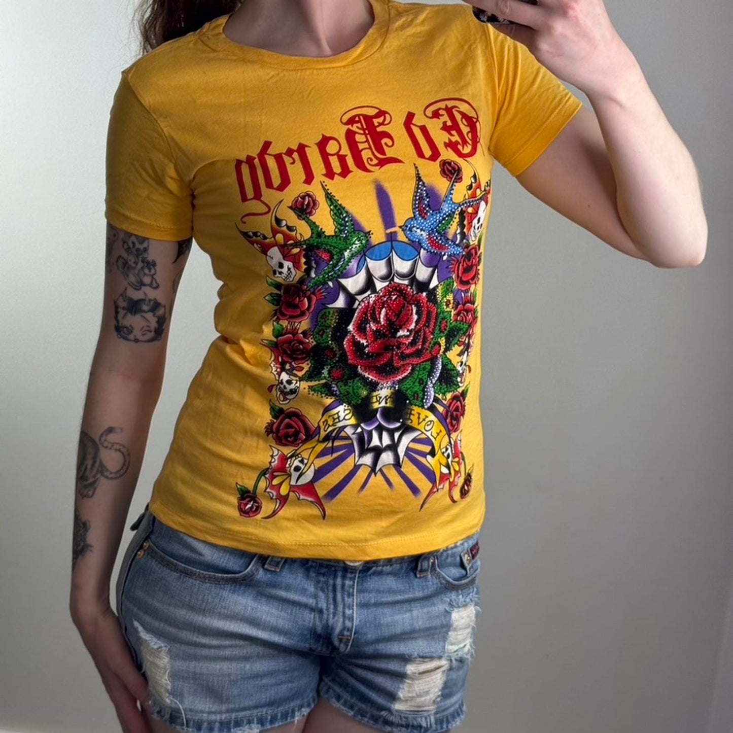 Y2K vintage Ed Hardy rhinestone short sleeve t shirt top yellow red rose graphic