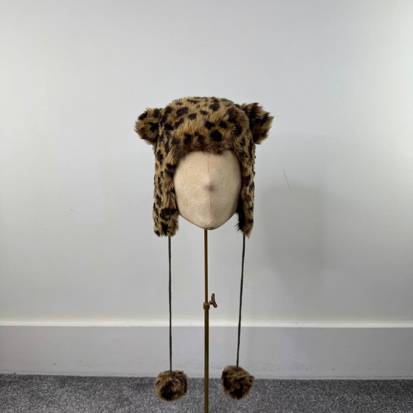 Y2K vintage trapper bear hat faux fur leopard print ears pom poms satin lined