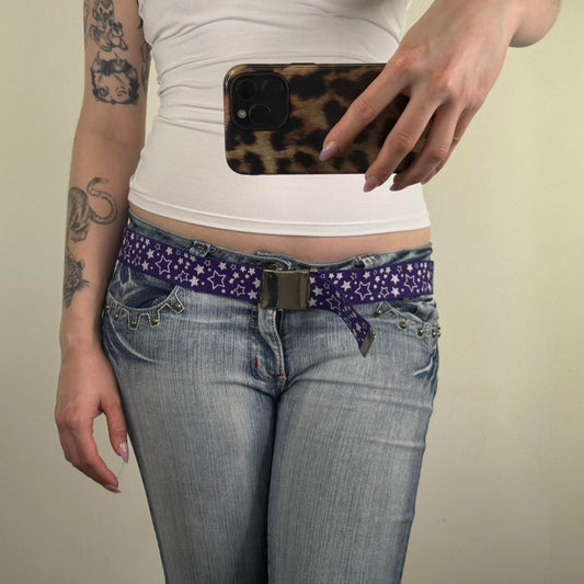 Y2K vintage star canvas belt purple white silver pattern