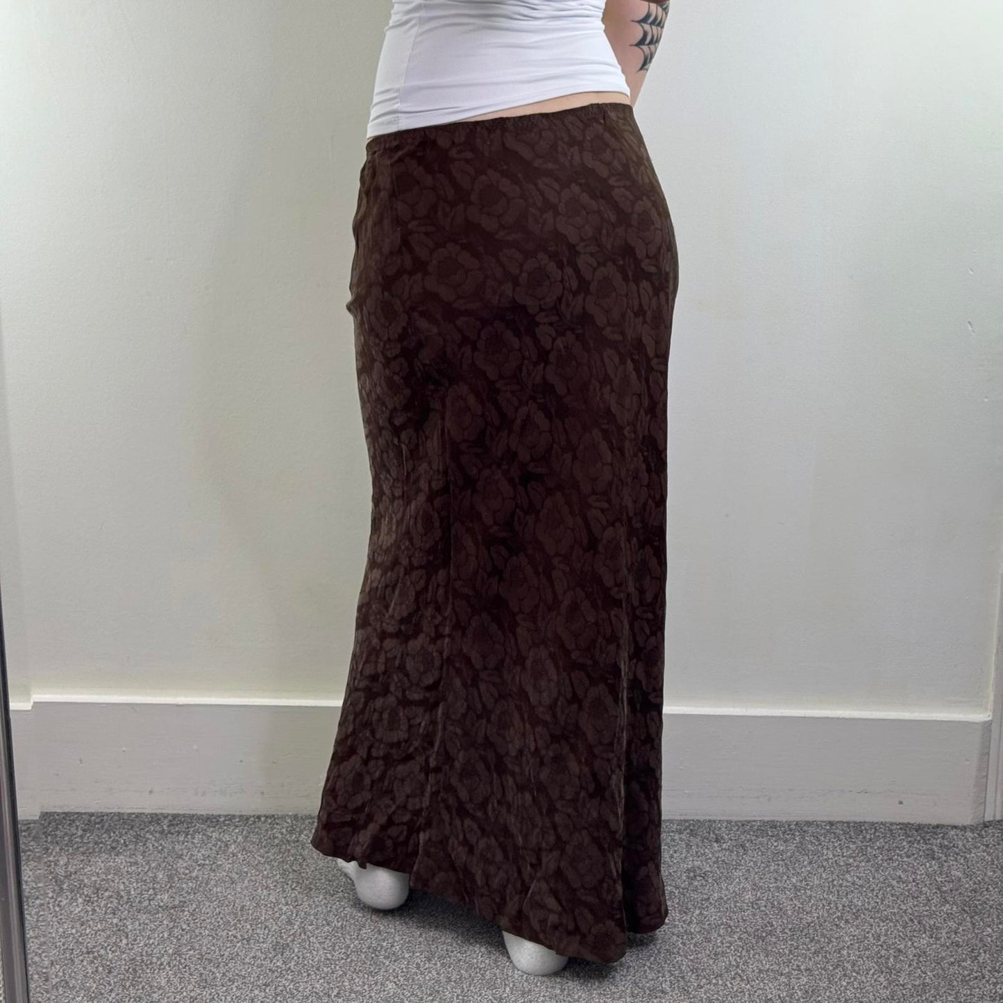 Y2K vintage stretchy floral maxi skirt brown cupro rose pattern a line flowy